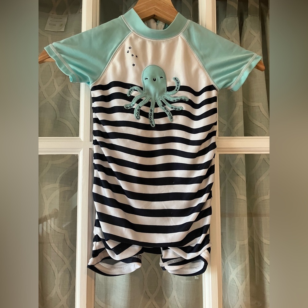 Gymboree size 12-18 Octopus Aqua & Navy Striped Kids Zip-Back Shortall Swimwear